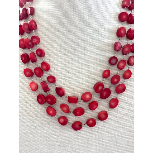 Vintage 3-Strand Red Coral Beaded Necklace With Silver-Tone Clasps 20 Inches Lon - Picture 3 of 5